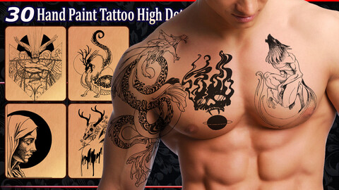 30 Hand Paint Tattoo & Print High Detail (4K+Transparent+ALPHA File).vol3