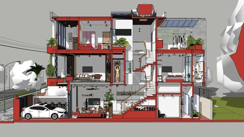 (Full files Exterior and interior) HOUSE DESIGN 4x20 Sqm 3 Bedrooms Three Floor 3 Toilet rooftop (sketchup and Enscape 2022 ver) Like video