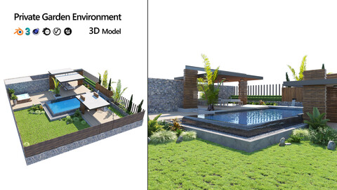 private garden with pool and pergola 3d model