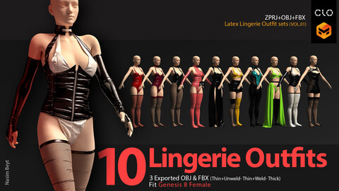 10 Latex Lingerie Outfit sets (VOL.01). CLO3D, MD PROJECTS+OBJ+FBX