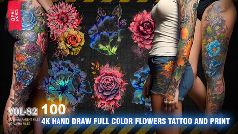 100 4K HAND DRAW FULL COLOR FLOWERS TATTOO AND PRINT ARTWORKS - HIGH END QUALITY RES - (ALPHA & TRANSPARENT) - VOL82
