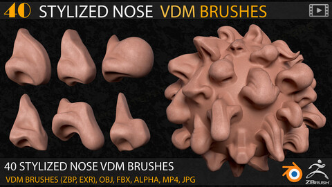 40 Stylized Nose VDM Brushes for Zbrush & Blender & Video Tutorial + Alpha + FBX + OBJ (Vol.02 )