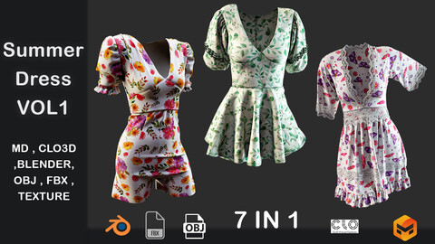 7 Summer Dress VOL1, Marvelous Designer, Projects Files: Zprj ,BLENDER, OBJ , FBX , Highpoly , Texture 4k