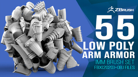 55 Low-poly medieval fantasy arm and hands armor bracers base mesh IMM brush set for Zbrush, FBX and OBJ files.