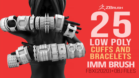 25 low poly rock metal style arm cuff and bracelet shapes IMM brush set for Zbrush, fbx and obj files.
