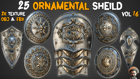 25 Ornamental Shield 3D Models + LowPoly & Texture - Vol 16