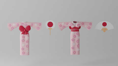 Cartoon Lovely Japanese Kimono With Hand Fan