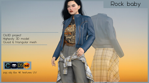 ROCK BABY (complete outfit made in Clo3D/Marvelous Designer): zrpj, obj,fbx, PBR 8K