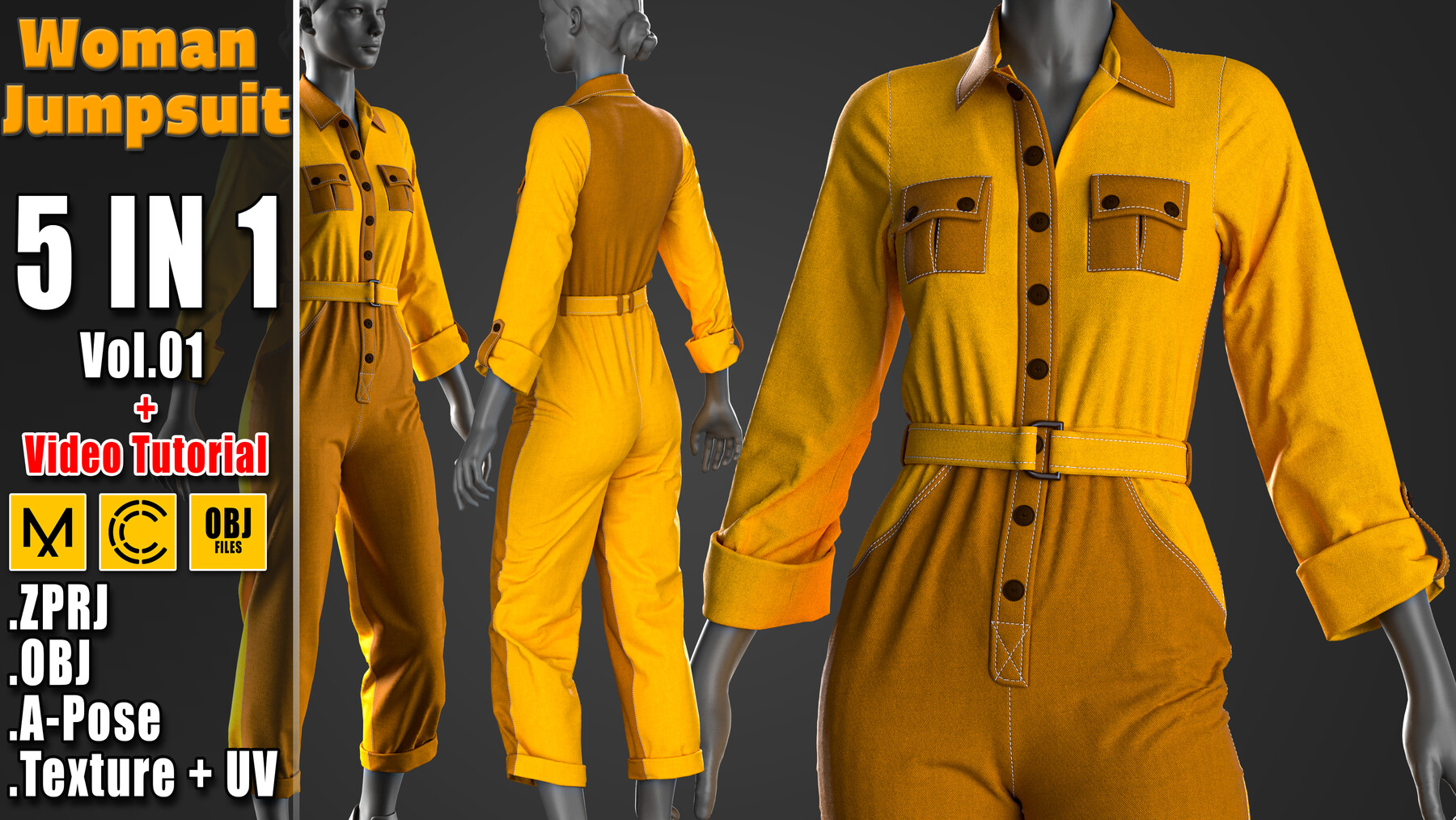 ArtStation - 5 In 1 Woman Jumpsuit + Clo3D/Marvelous + Video Tutorial +  ZPRJ + OBJ + UV+ Texture Vol.01 | Game Assets