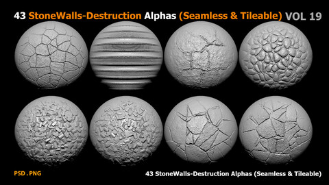 43 Stone Walls Destruction Alphas (Seamless & Tileable) Vol19