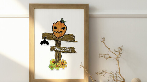 A Warm Welcome at Your Doorstep: Wooden Road Sign and Pumpkin Mask Illustration