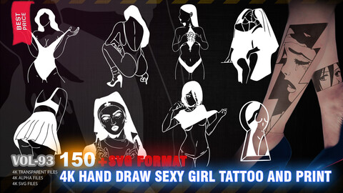 150 4K HAND DRAW SEXY GIRL TATTOO AND PRINT - HIGH END QUALITY RES - (ALPHA & TRANSPARENT & SVG VECTOR) - VOL93