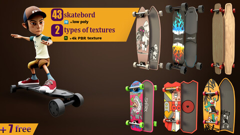 Skateboard Pack of 43  with two texture versions with 7 free skateboard  VR / AR / low-poly 3d model