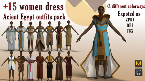 +15 female dresses with3 different colorways ،Egypt styles،   (ZPRJ + OBJ + FBX )