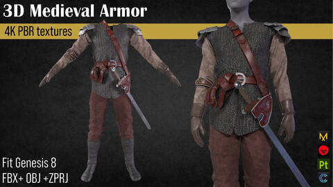 Medieval renaissance knight clothes Warrior armor FBX+OBJ+ZPRJ