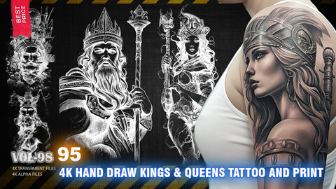 95 4K HAND DRAWN KINGS AND QUEENS TATTOO AND PRINT - HIGH END QUALITY RES - (ALPHA & TRANSPARENT) - VOL98