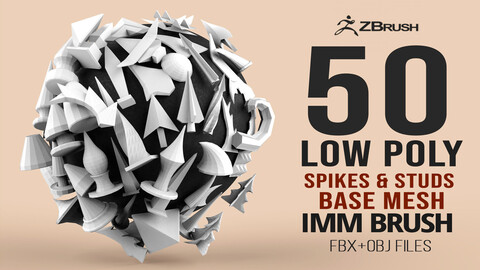 50 low poly studs and spikes base mesh shapes IMM brush set for Zbrush, fbx and obj files.