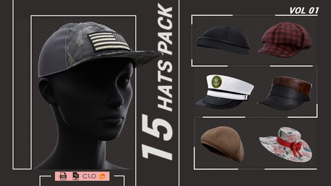 15 Hats pack. Marvelous Designer, Project File: ZPRJ, OBJ, FBX - VOL 01