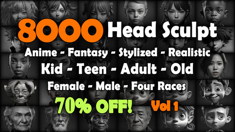 8000 Head Sculpt / Kid - Teen - Adult - Old / Four Races Reference Pack | SUPER MEGA Bundle | 4K | v.1