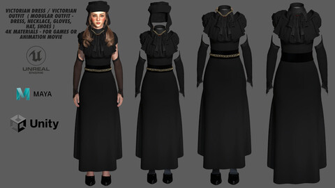 3D MODEL VICTORIAN DRESS / VICTORIAN OUTFIT for FEMALE ( MODULAR OUTFIT ) - FOR GAMES OR ANIMATION MOVIE