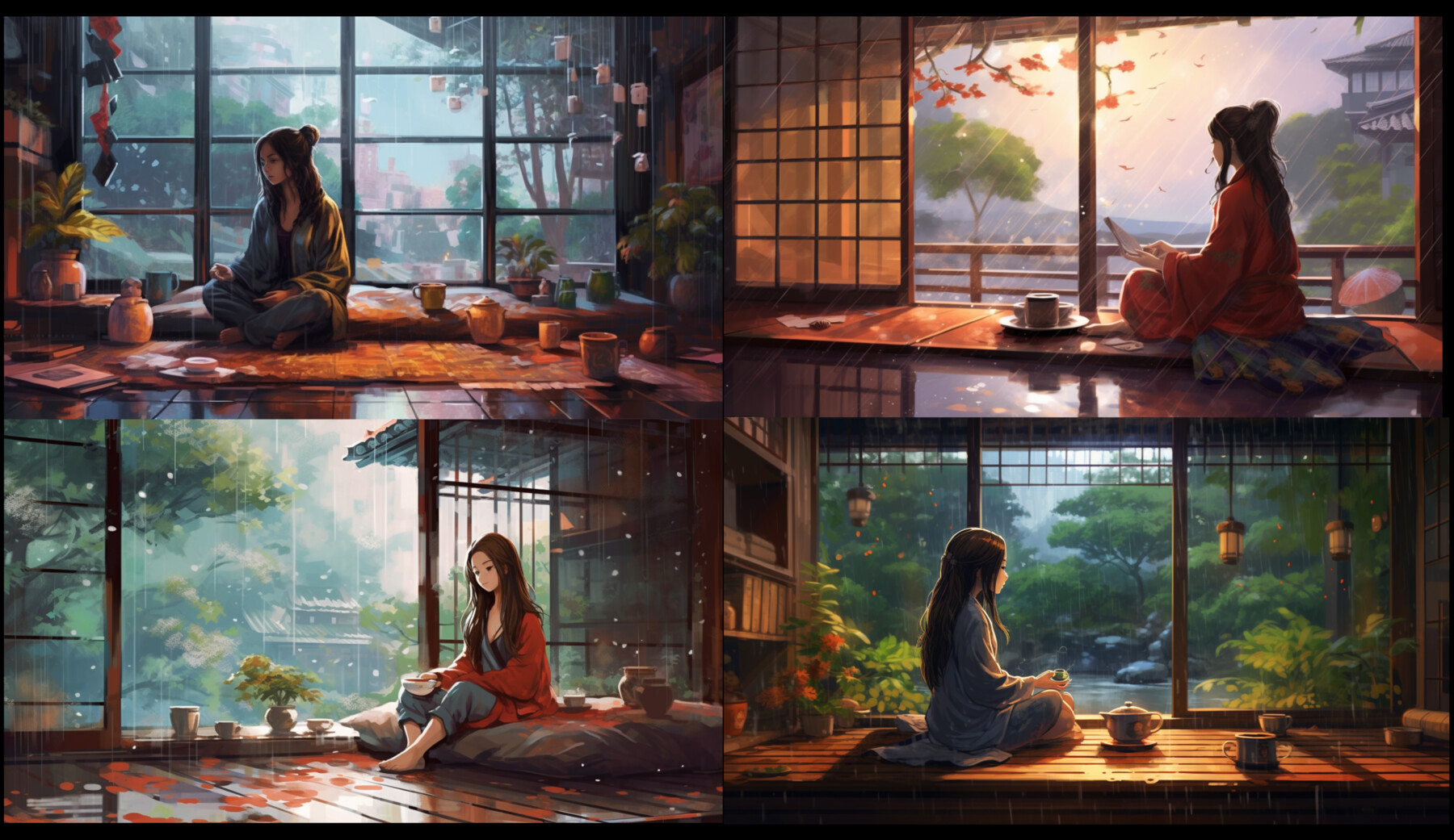 ArtStation - 20X Solitary Woman's Delight: Tea, Books, and Rain | Artworks