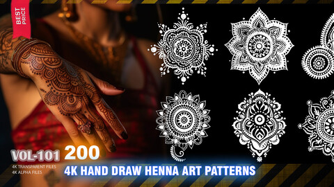 200 4K HAND DRAW HENNA ART PATTERNS - HIGH END QUALITY RES - (ALPHA & TRANSPARENT) - VOL101