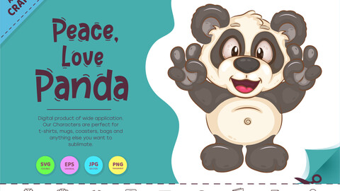 Cartoon Panda Peace, Love. Clipart.