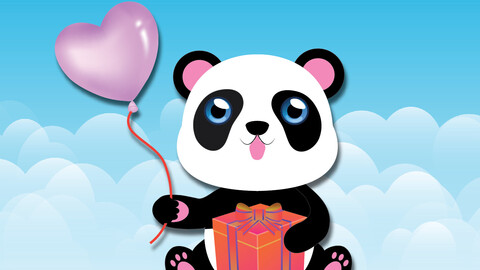 Cute panda holding heart balloon and gift box vector icon