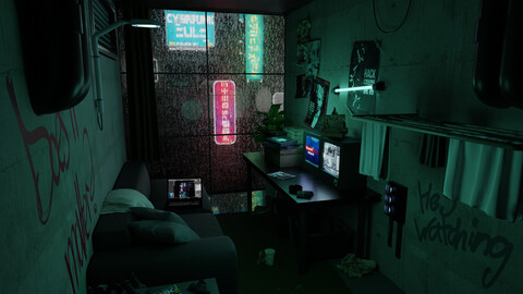 Cyberpunk Dystopian Apartment Scene + Exterior 3D Blender File (Textured) + (FBX - OBJ - MTL Files)