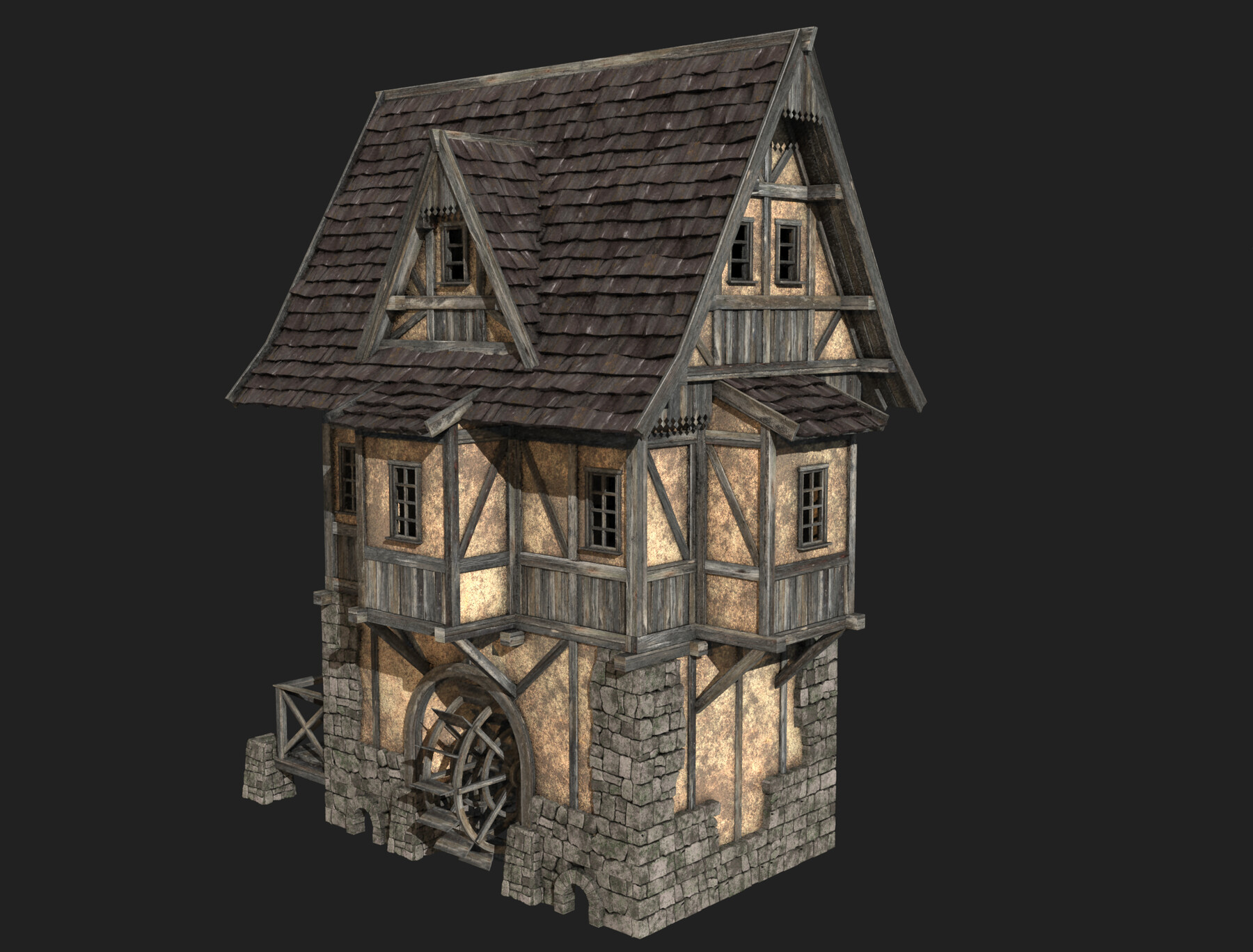 ArtStation - FANTASY WATERMILL MEDIEVAL BUILDING HOUSE HUT TOWN ...