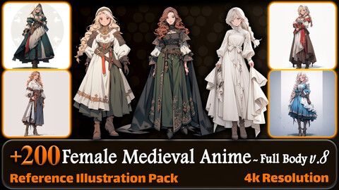 200 Female Medieval Anime (Full Body) Reference Pack | 4K | v.8