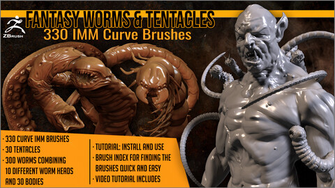 Fantasy Worms and Tentacles 330 IMM Curve Brushes for ZBrush
