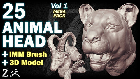 25 ZB ART Animal Head For ZBrush (IMM Brush + 3D Model) - Vol 1