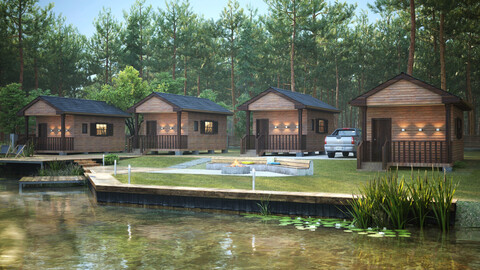 River cabins in forest environment 3d model