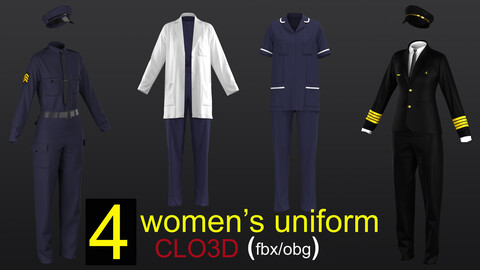4 Women's uniform:Police,Pilot,Doctor,Nurse.
