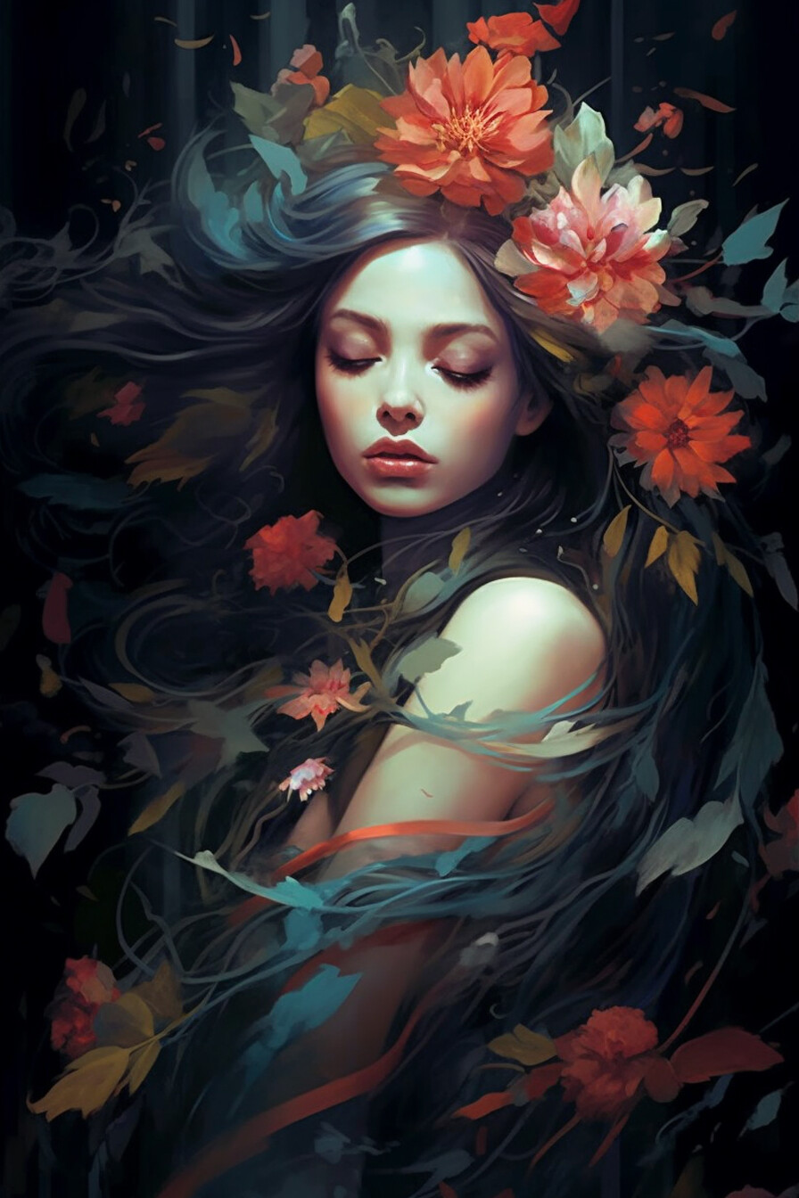 ArtStation - Blooming Shadows: A Serene Portrait of Floral Grace 5 ...