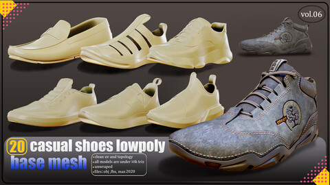 20 casual shoes lowpoly base meshes:fbx, obj,3dsmax2020