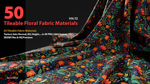 50 Tileable Floral Fabric Materials-VOL12. SBSAR+4K PBR Materials