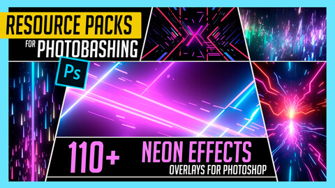 PHOTOBASH 110+ Neon Effects Overlays Resource Pack Photos for Photobashing in Photoshop