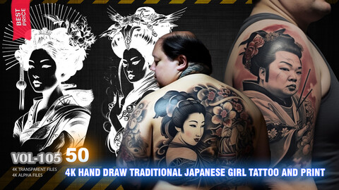 50 4K HAND DRAW TRADITIONAL JAPANESE GIRLS TATTOO AND PRINT - HIGH END QUALITY RES - (ALPHA & TRANSPARENT) - VOL105