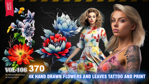 370 4K HAND DRAWN FLOWERS AND LEAVES TATTOO AND PRINT - HIGH END QUALITY RES - (ALPHA & TRANSPARENT) - VOL106