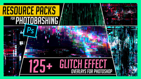 PHOTOBASH 125+ Glitch Effects Overlays Resource Pack Photos for Photobashing in Photoshop
