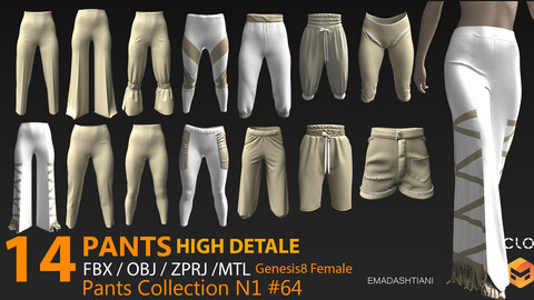 Pants collection N1 #64 _ MarvelousDesigner/CLO Project Files+fbx+obj+mtl _ Genesis8Female