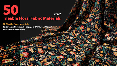 50 Tileable Floral Fabric Materials-VOL07. SBSAR+4K PBR Materials