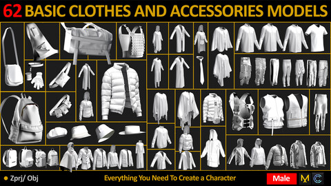 62 BASIC CLOTHES AND ACCESSORIES MODELS MARVELOUSE DESIGNER AND OBJ FILES