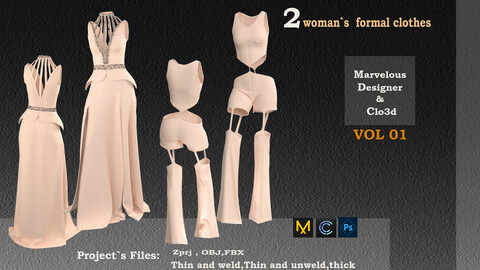 2 woman`s  formal clothes designed by me in marvelous designer and clo3D app(files: obj, fbx, zprj)