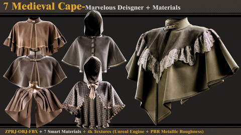 7 Medieval Capes/Marvelous Designer-OBJ-FBX-7 Smart Materials-4K Textures(unreal + PBR)