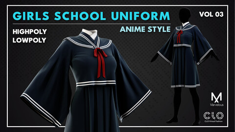 Anime Girls School Uniform / Marvelous Designer , Clo3d Project (Low Poly)
