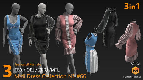 Midi Dress Collection N1 #66 _ MarvelousDesigner/CLO Project Files+fbx+obj+mtl _ Genesis8Female