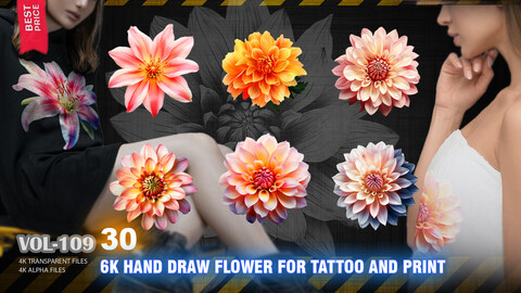 30 6K HAND DRAW FLOWERS FOR PRINT - HIGH END QUALITY RES - (ALPHA & TRANSPARENT) - VOL109